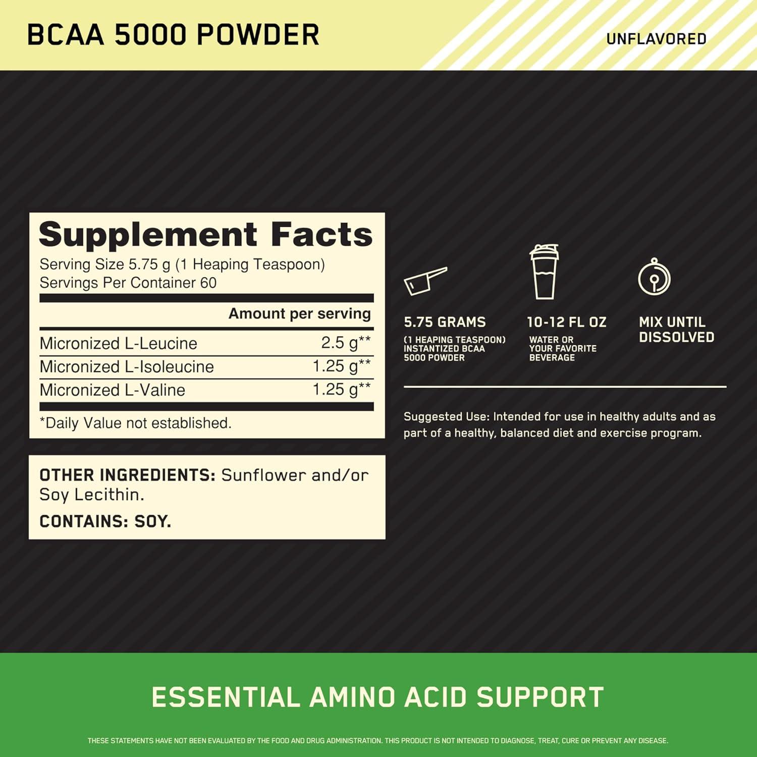 image:imageOptimum Nutrition Instantized BCAA Powder Unflavored Keto Friendly Branched Chain Essential Amino Acids Powder 5000mg 60 Servings Packaging May VaryUnflavored