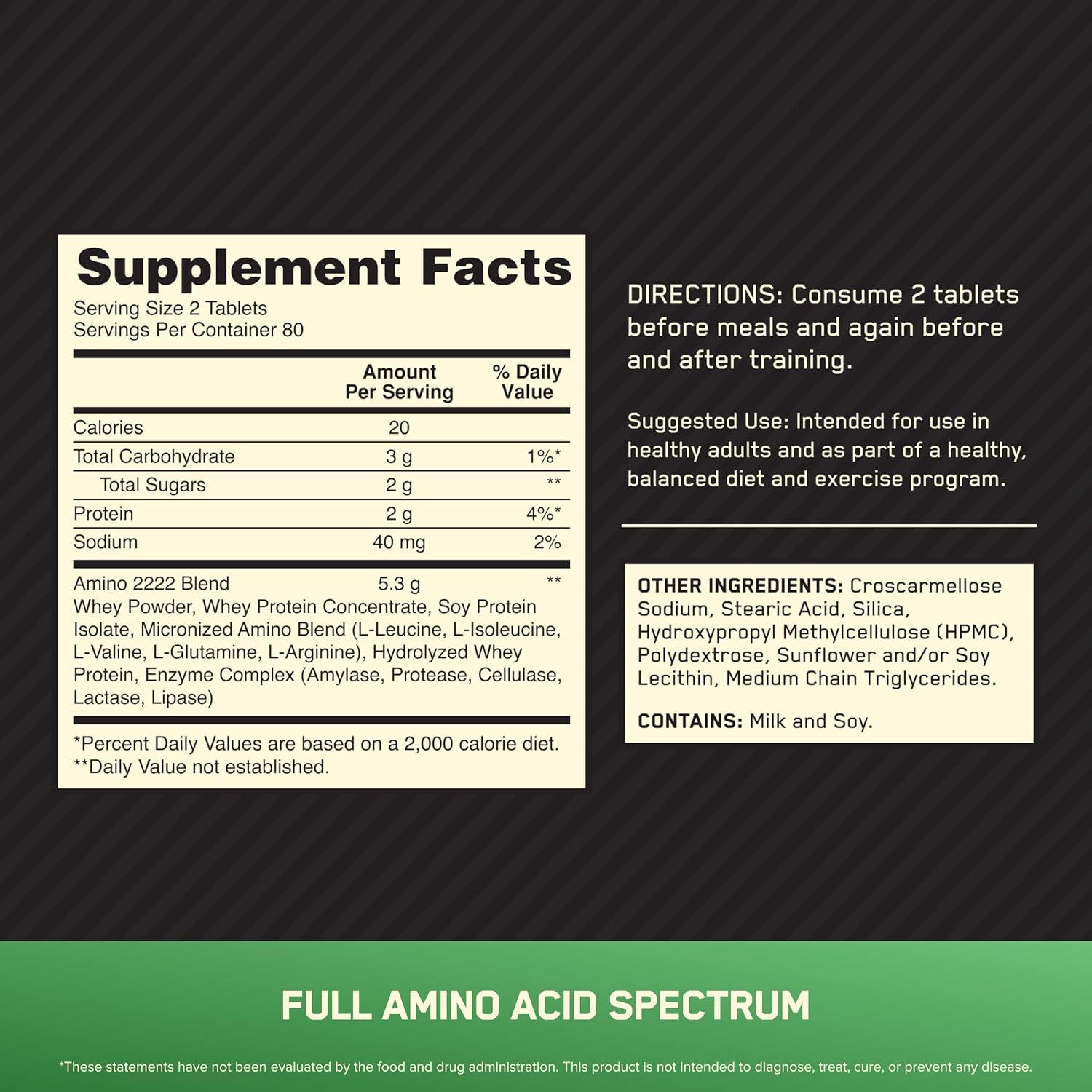 image:imageOptimum Nutrition Superior Amino 2222 Tablets Complete Essential Amino Acids EAAs 160 CountUnflavored