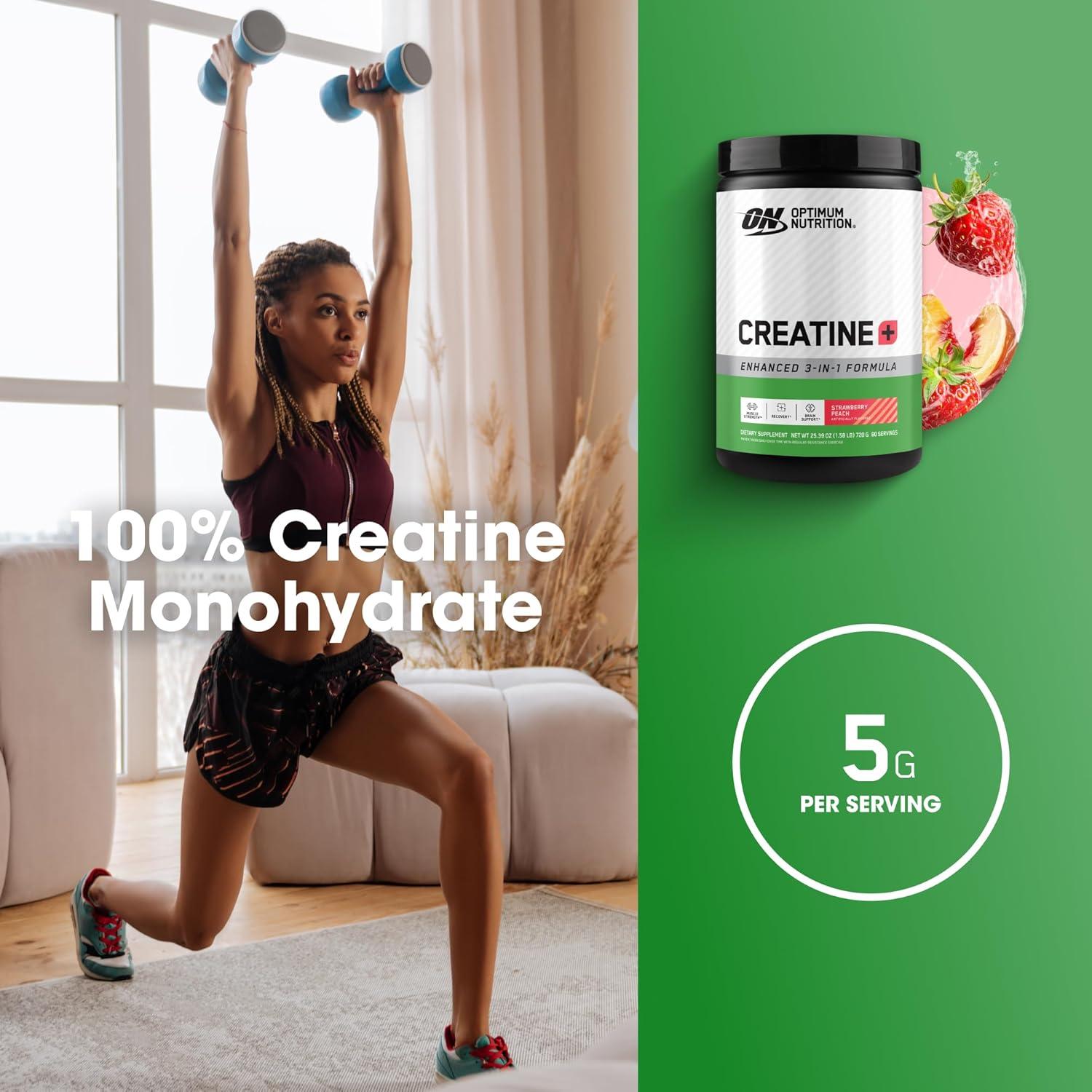 image:imageOptimum Nutrition Creatine Monohydrate Plus Powder Strawberry Peach Flavored Creatine Performance Blend with Electrolytes for Hydration Added Vitamins 40 Servings 360 Grams Packaging May VaryStrawberry Peach