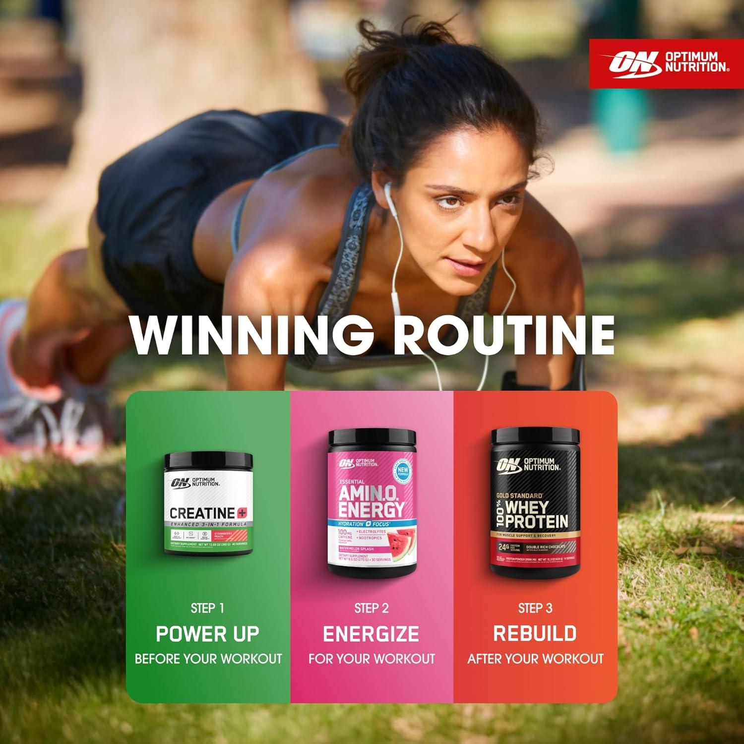 image:imageOptimum Nutrition Creatine Monohydrate Plus Powder Strawberry Peach Flavored Creatine Performance Blend with Electrolytes for Hydration Added Vitamins 40 Servings 360 Grams Packaging May VaryStrawberry Peach
