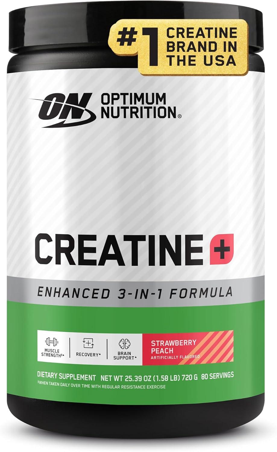 image:imageOptimum Nutrition Creatine Monohydrate Plus Powder Strawberry Peach Flavored Creatine Performance Blend with Electrolytes for Hydration Added Vitamins 40 Servings 360 Grams Packaging May VaryStrawberry Peach