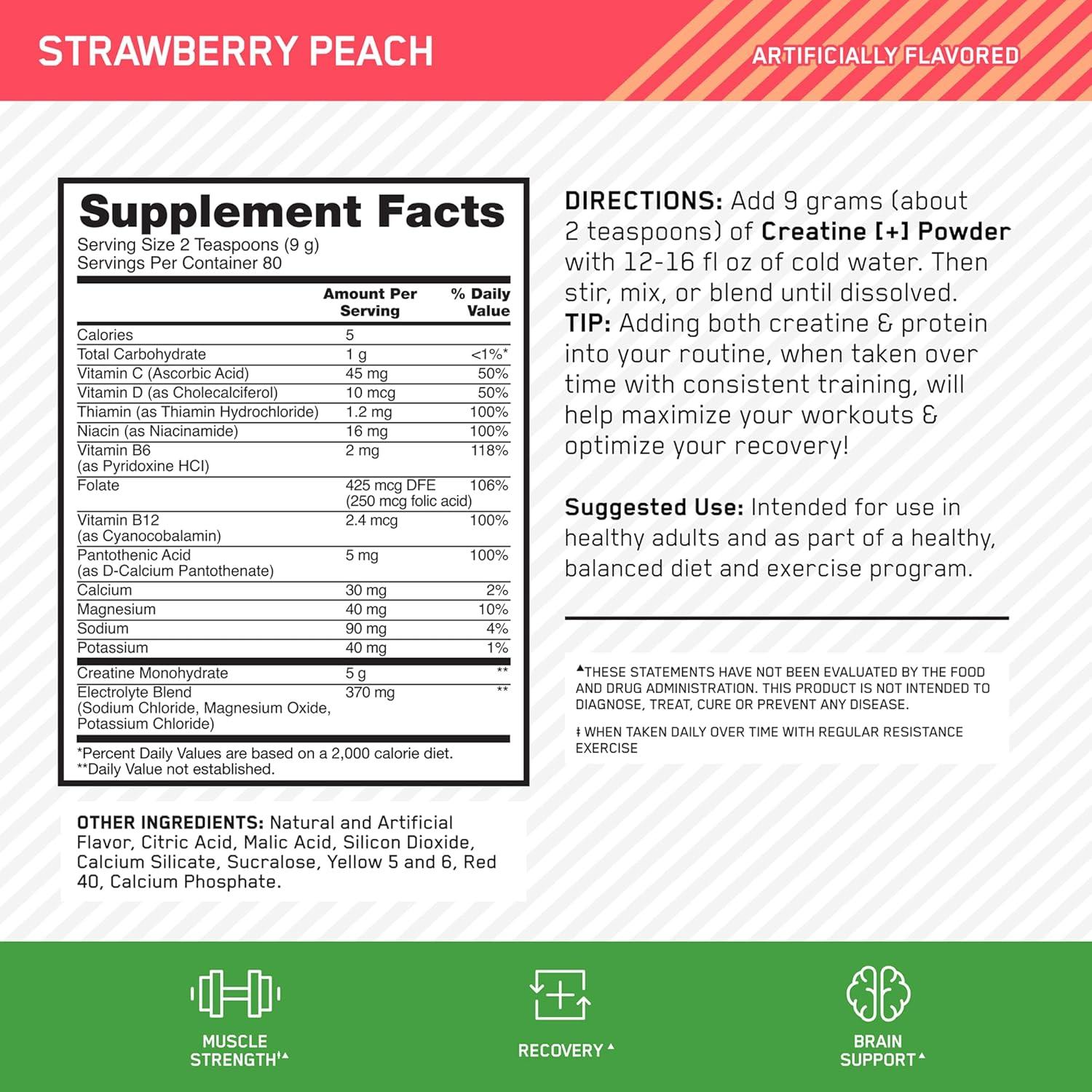 image:imageOptimum Nutrition Creatine Monohydrate Plus Powder Strawberry Peach Flavored Creatine Performance Blend with Electrolytes for Hydration Added Vitamins 40 Servings 360 Grams Packaging May VaryStrawberry Peach