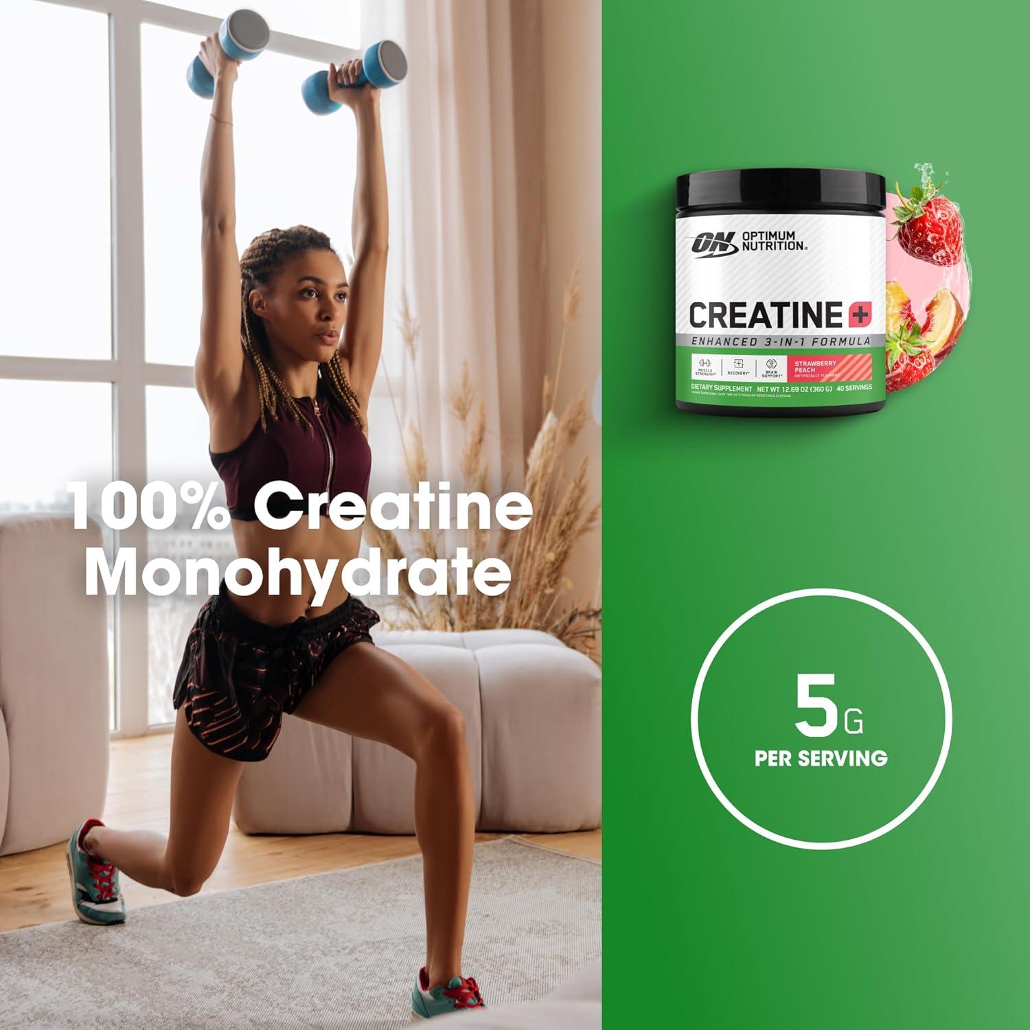 image:imageOptimum Nutrition Creatine Monohydrate Plus Powder Strawberry Peach Flavored Creatine Performance Blend with Electrolytes for Hydration Added Vitamins 40 Servings 360 Grams Packaging May VaryStrawberry Peach