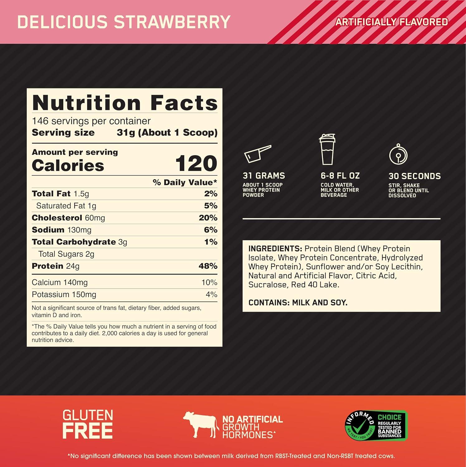 image:imageOptimum Nutrition Gold Standard 100 Whey Protein Powder Double Rich Chocolate 5 Pound Packaging May VaryDelicious Strawberry
