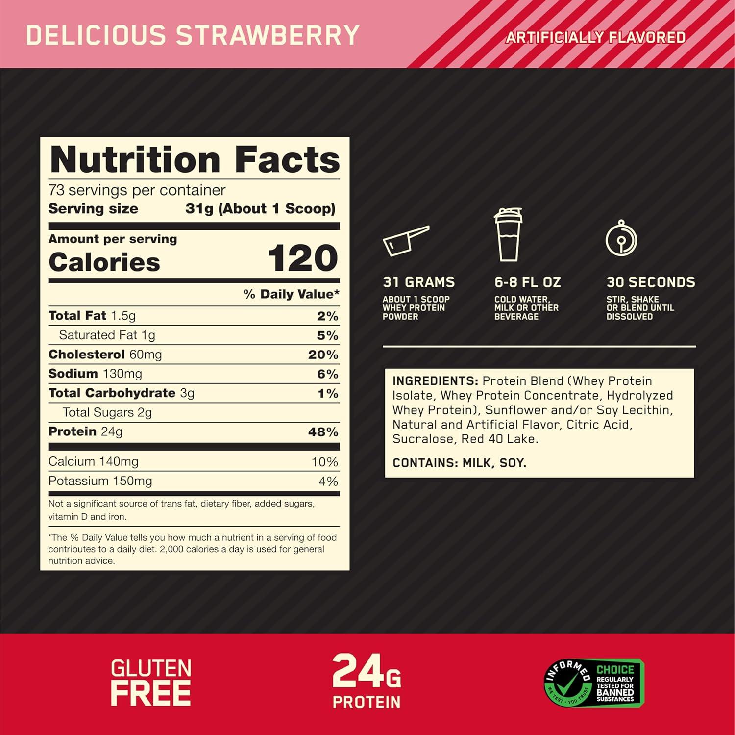 image:imageOptimum Nutrition Gold Standard 100 Whey Protein Powder Double Rich Chocolate 5 Pound Packaging May VaryDelicious Strawberry