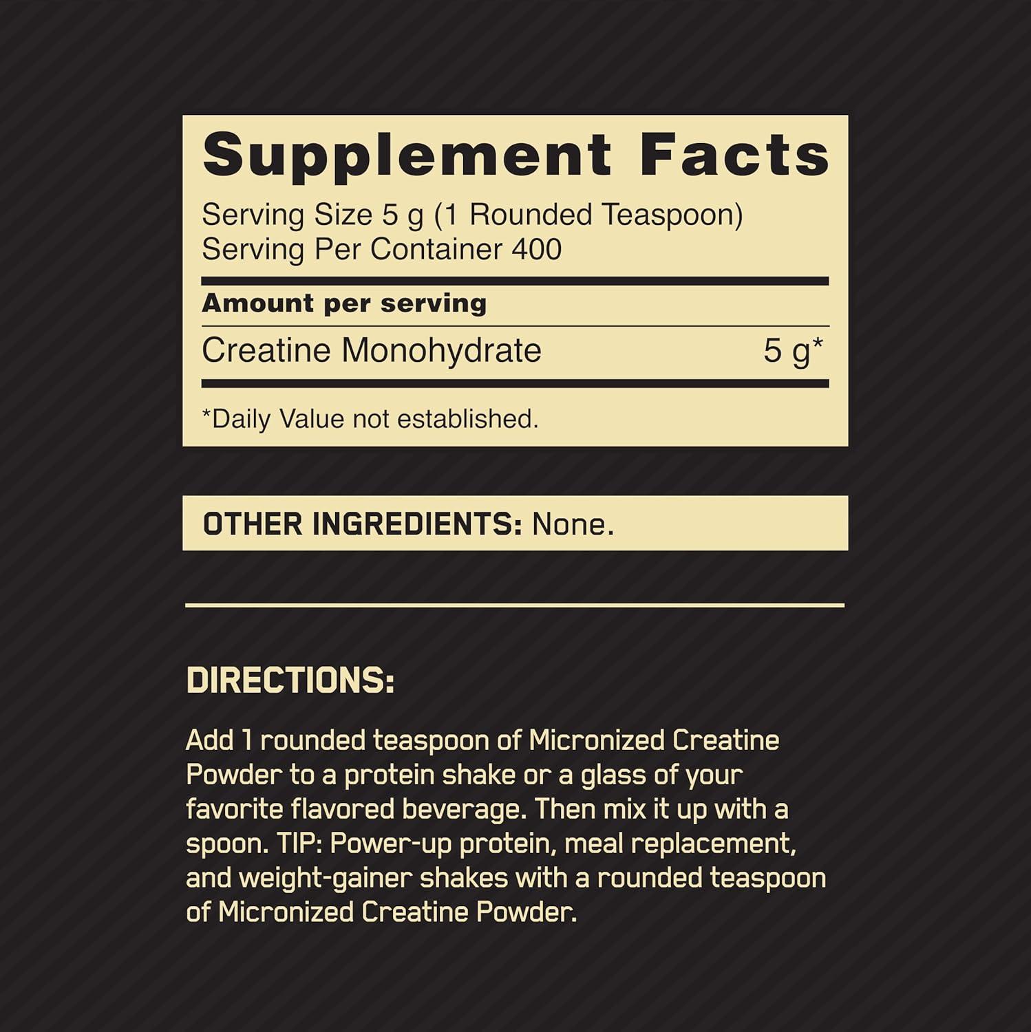 image:imageOptimum Nutrition Micronized Creatine Monohydrate Powder Unflavored 400 Servings 2000 Grams Packaging May Vary