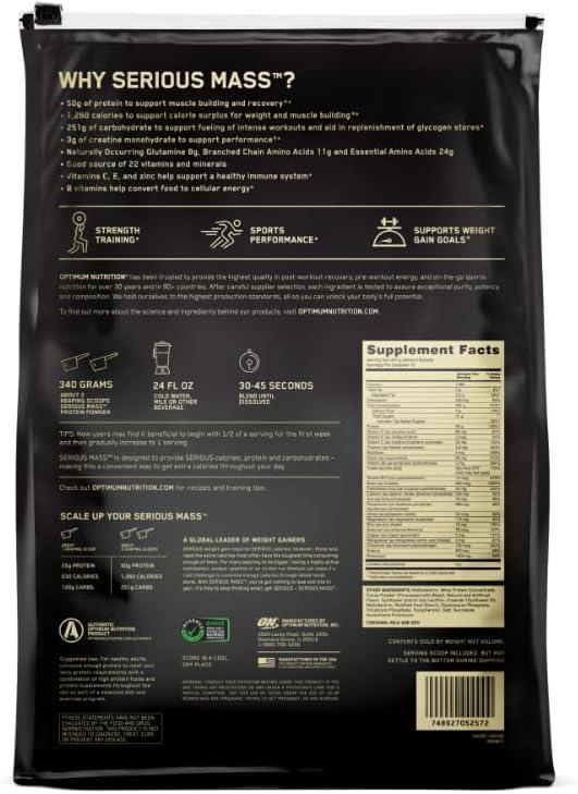 image:imageOptimum Nutrition Serious Mass Weight Gainer Protein Powder Mass Gainer Vitamin C and Zinc for Immune Support Creatine Banana 12 Pound Packaging May VaryChocolate Peanut Butter