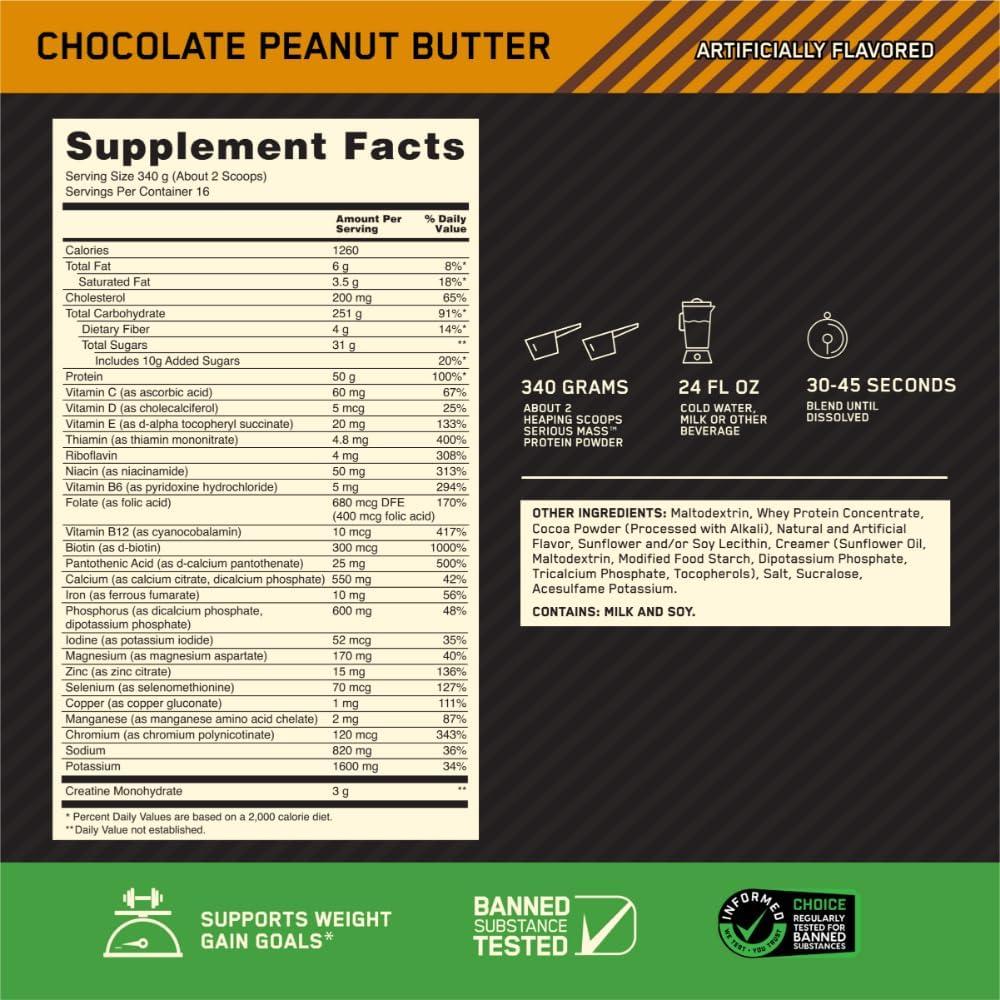 image:imageOptimum Nutrition Serious Mass Weight Gainer Protein Powder Mass Gainer Vitamin C and Zinc for Immune Support Creatine Banana 12 Pound Packaging May VaryChocolate Peanut Butter