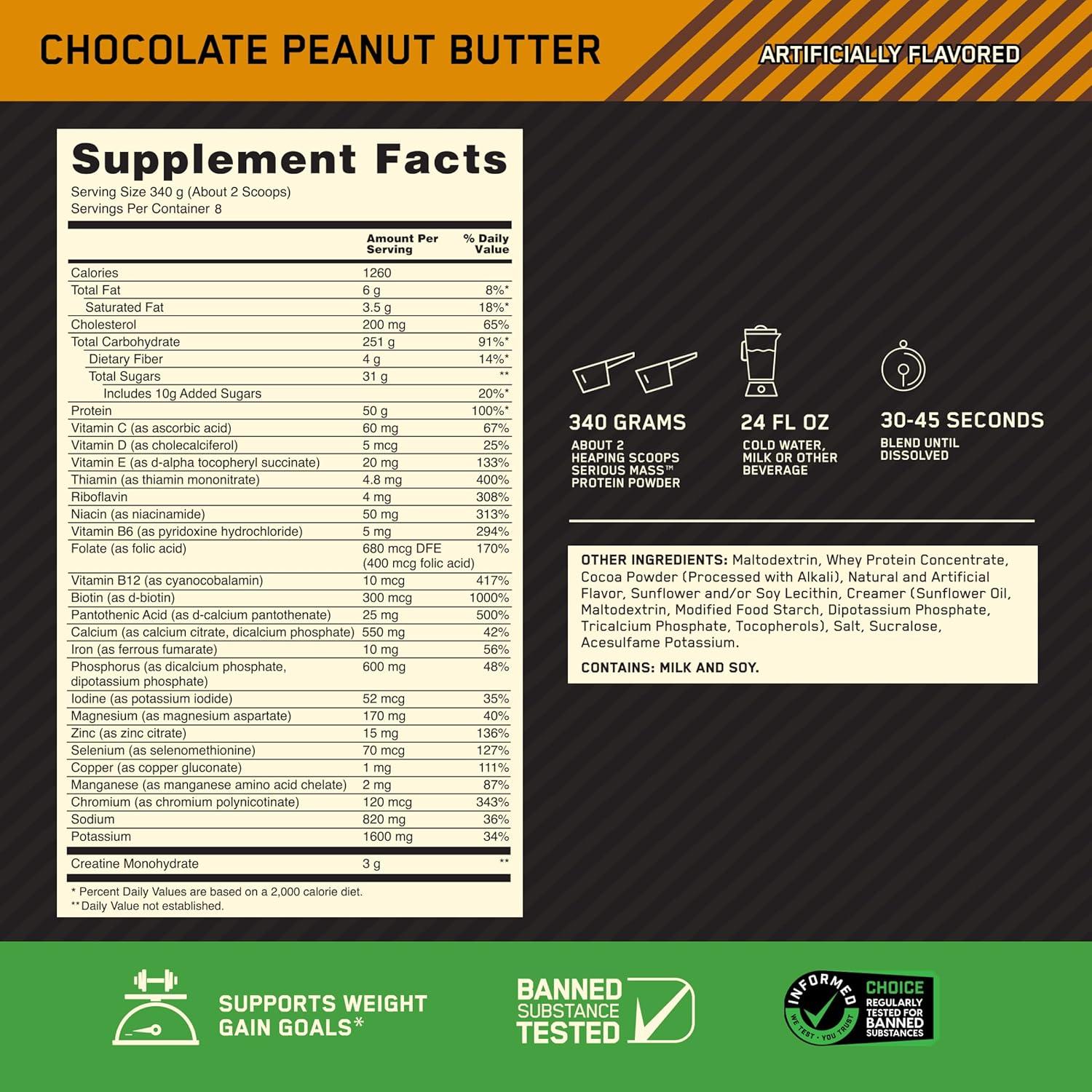 image:imageOptimum Nutrition Serious Mass Weight Gainer Protein Powder Mass Gainer Vitamin C and Zinc for Immune Support Creatine Banana 12 Pound Packaging May VaryChocolate Peanut Butter