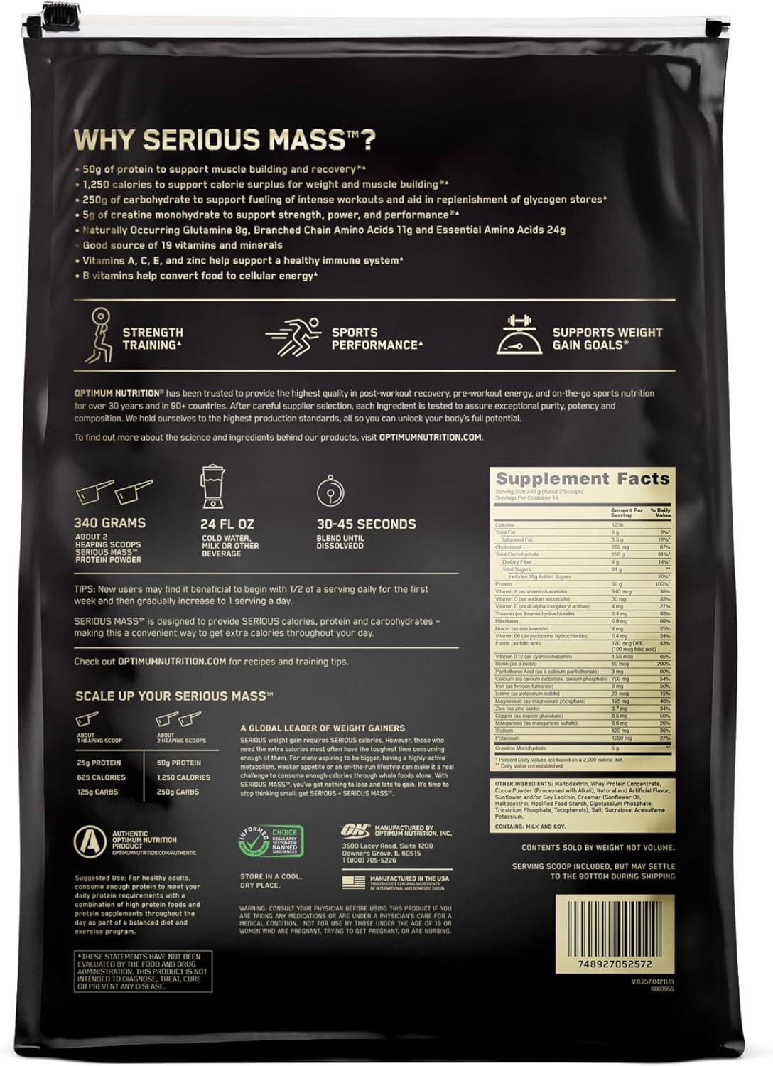 image:imageOptimum Nutrition Serious Mass Weight Gainer Protein Powder Mass Gainer Vitamin C and Zinc for Immune Support Creatine Banana 12 Pound Packaging May VaryChocolate Peanut Butter