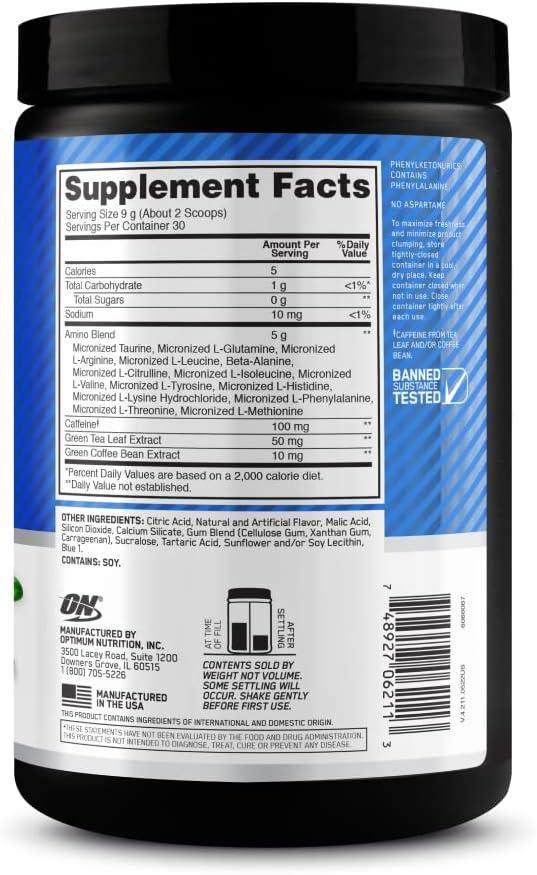image:imageOptimum Nutrition Amino Energy Pre Workout with Green Tea BCAA Amino Acids Keto Friendly Green Coffee Extract Energy Powder Blue Raspberry 65 Servings Packaging May VaryBlueberry Lemonade