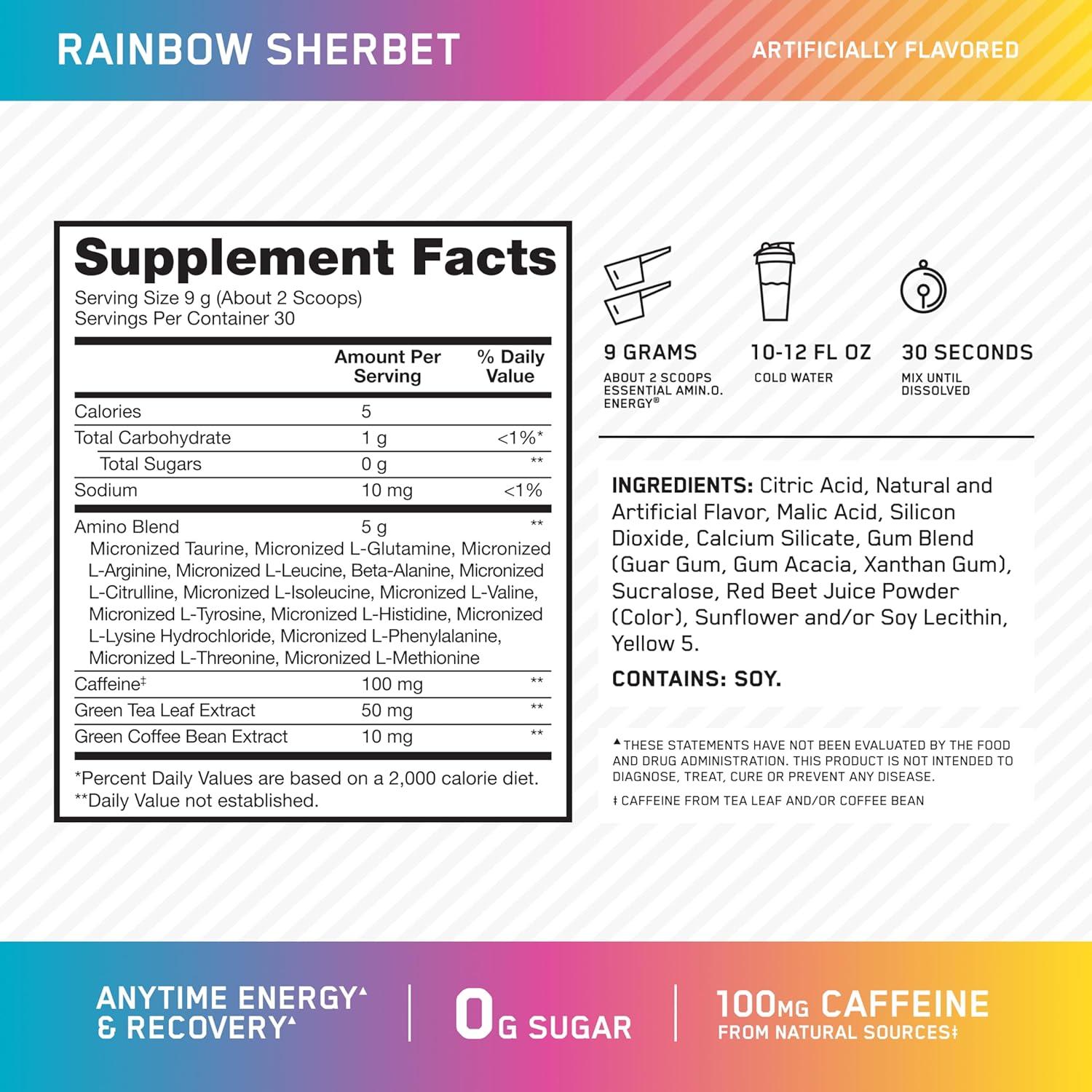 image:imageOptimum Nutrition Amino Energy Pre Workout with Green Tea BCAA Amino Acids Keto Friendly Green Coffee Extract Energy Powder Blue Raspberry 65 Servings Packaging May VaryRainbow Sherbet