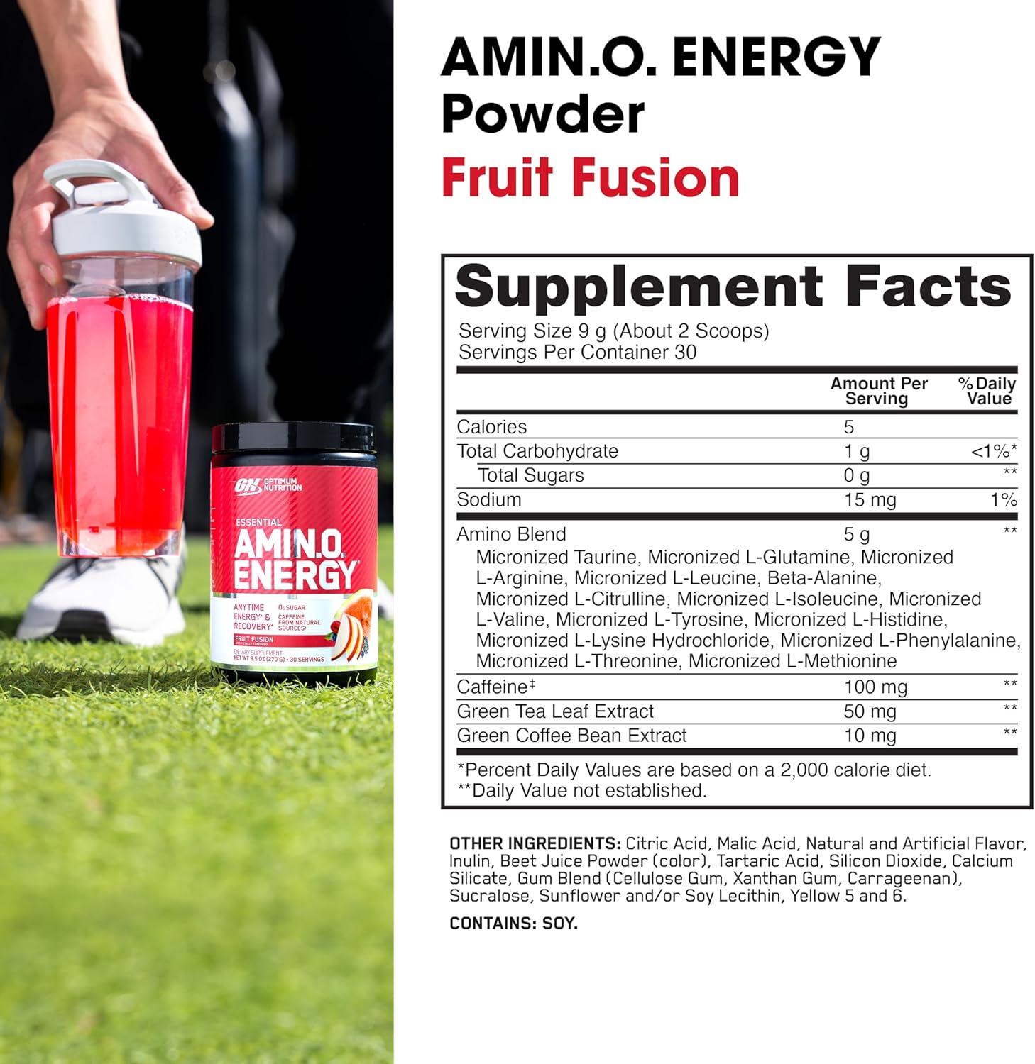image:imageOptimum Nutrition Amino Energy Pre Workout with Green Tea BCAA Amino Acids Keto Friendly Green Coffee Extract Energy Powder Blue Raspberry 65 Servings Packaging May VaryFruit Fusion