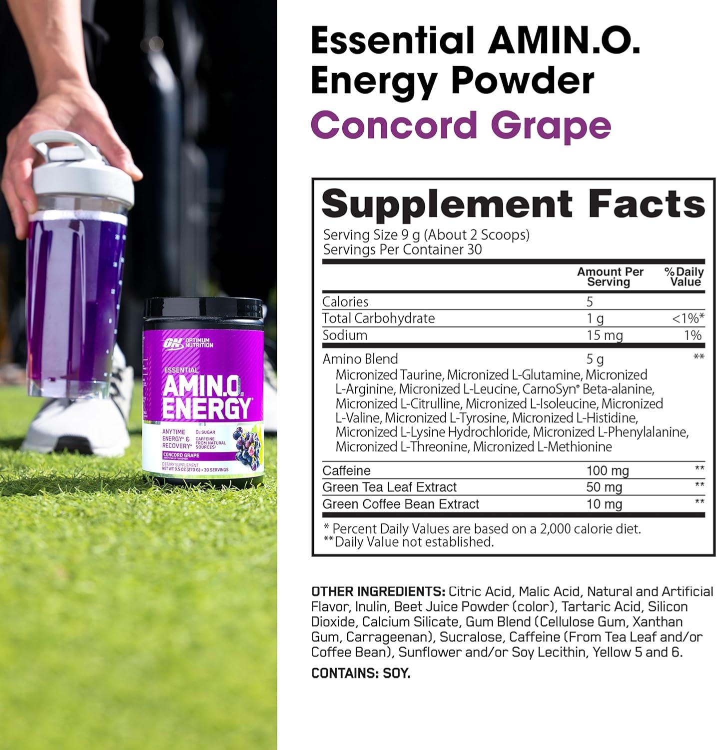 image:imageOptimum Nutrition Amino Energy Pre Workout with Green Tea BCAA Amino Acids Keto Friendly Green Coffee Extract Energy Powder Blue Raspberry 65 Servings Packaging May VaryConcord Grape
