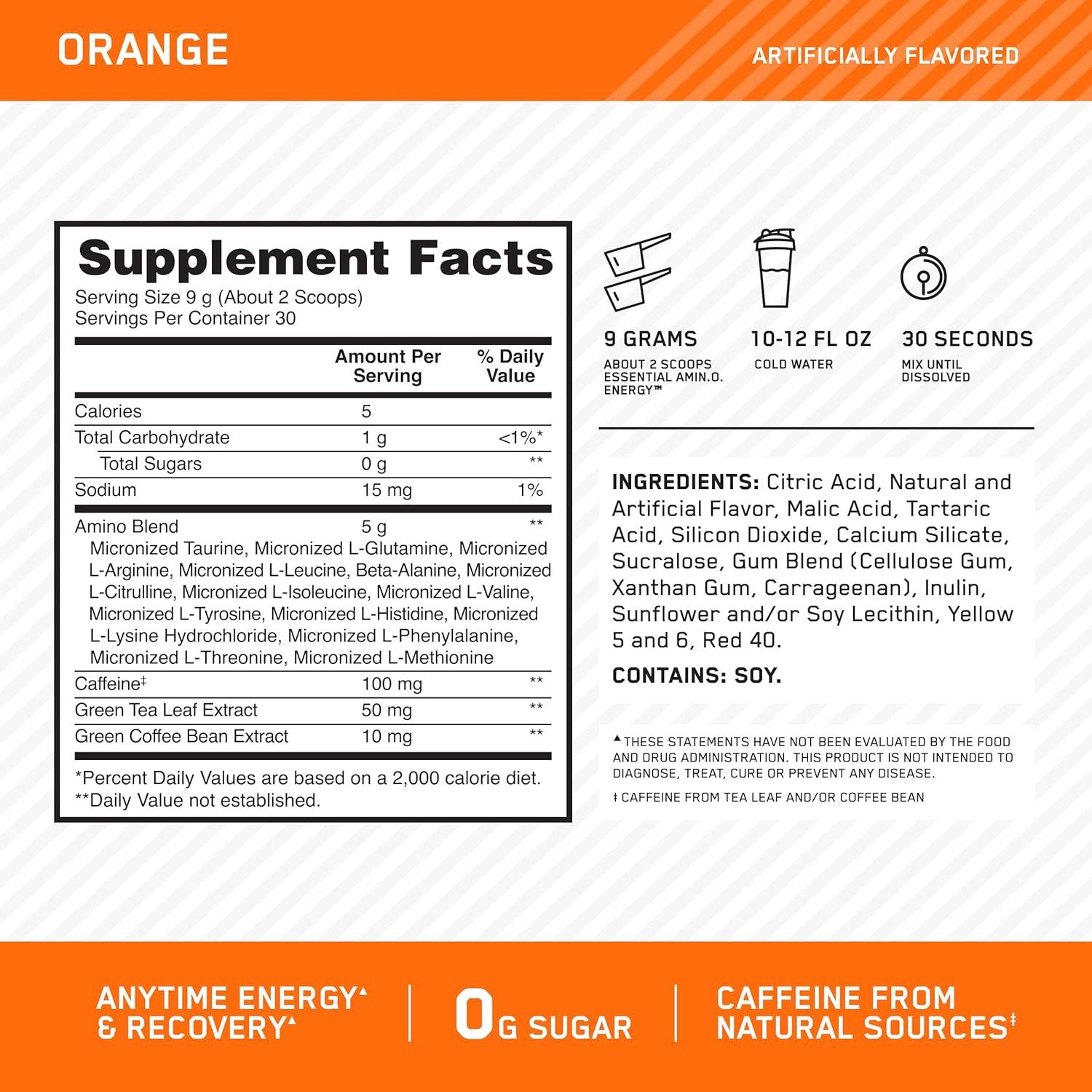 image:imageOptimum Nutrition Amino Energy Pre Workout with Green Tea BCAA Amino Acids Keto Friendly Green Coffee Extract Energy Powder Blue Raspberry 65 Servings Packaging May VaryOrange