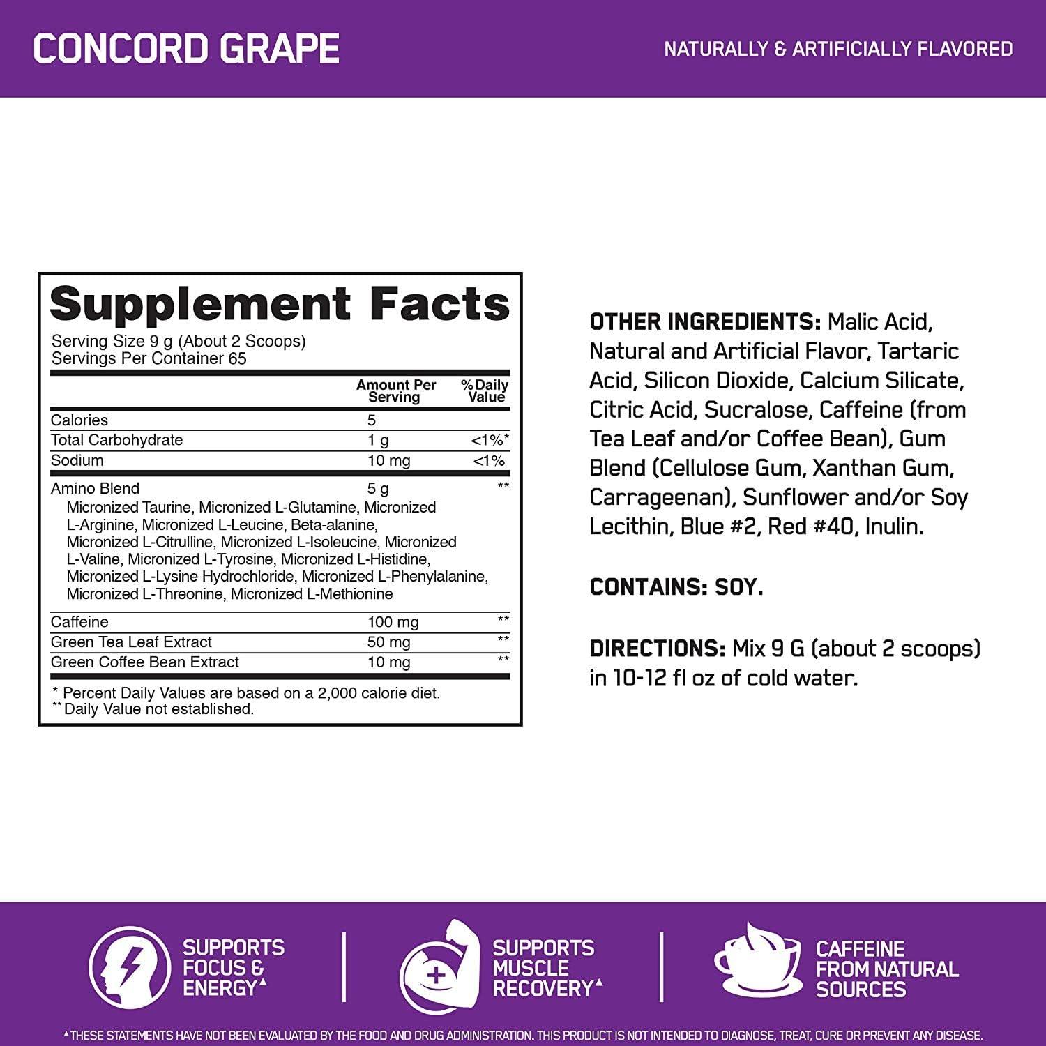 image:imageOptimum Nutrition Amino Energy Pre Workout with Green Tea BCAA Amino Acids Keto Friendly Green Coffee Extract Energy Powder Blue Raspberry 65 Servings Packaging May VaryConcord Grape