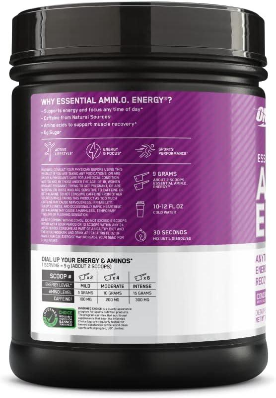 image:imageOptimum Nutrition Amino Energy Pre Workout with Green Tea BCAA Amino Acids Keto Friendly Green Coffee Extract Energy Powder Blue Raspberry 65 Servings Packaging May VaryGrape