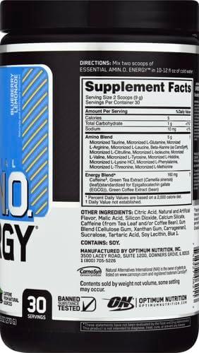 image:imageOptimum Nutrition Amino Energy Pre Workout with Green Tea BCAA Amino Acids Keto Friendly Green Coffee Extract Energy Powder Blue Raspberry 65 Servings Packaging May VaryBlueberry Lemonade