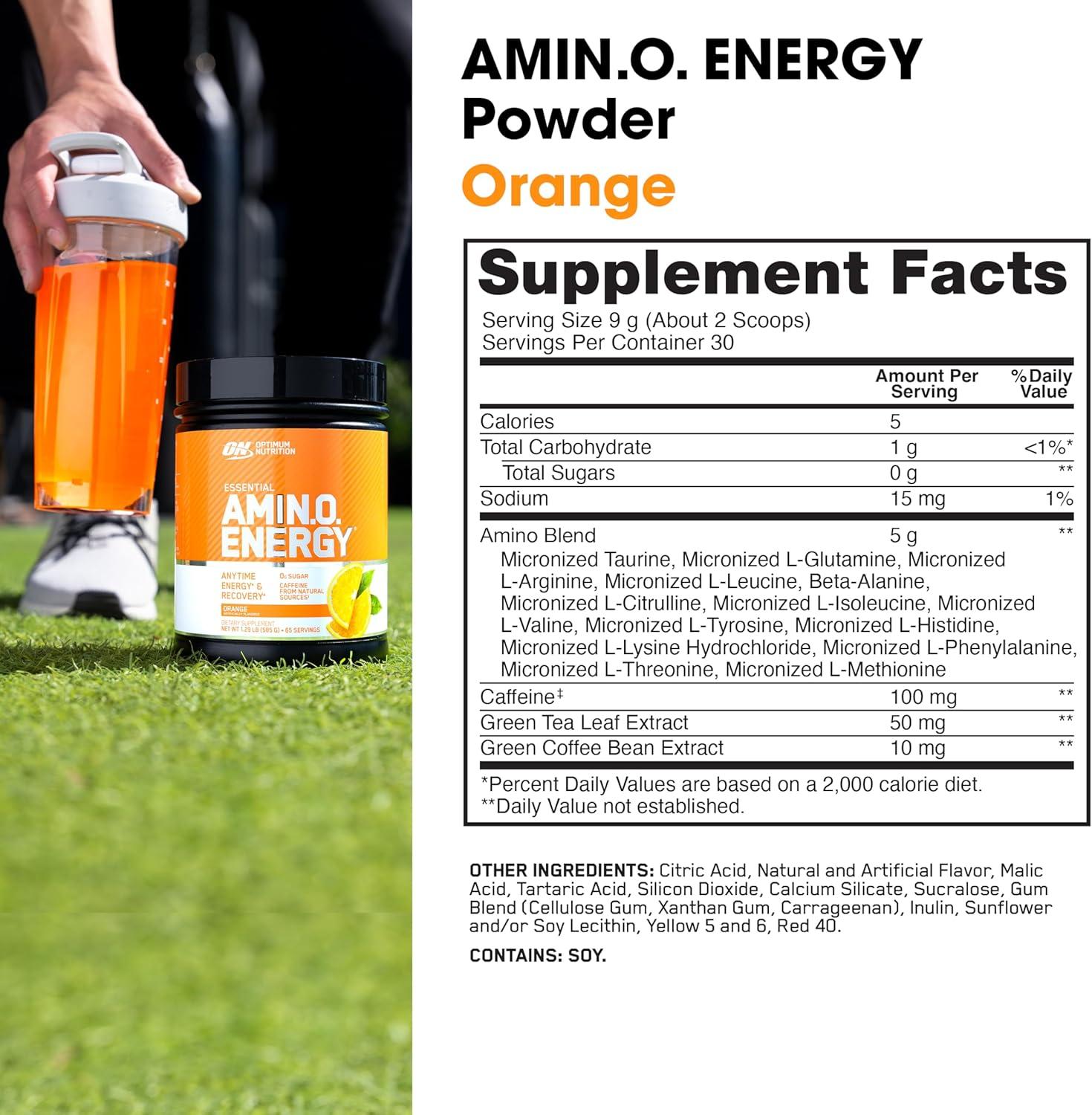 image:imageOptimum Nutrition Amino Energy Pre Workout with Green Tea BCAA Amino Acids Keto Friendly Green Coffee Extract Energy Powder Blue Raspberry 65 Servings Packaging May VaryOrange