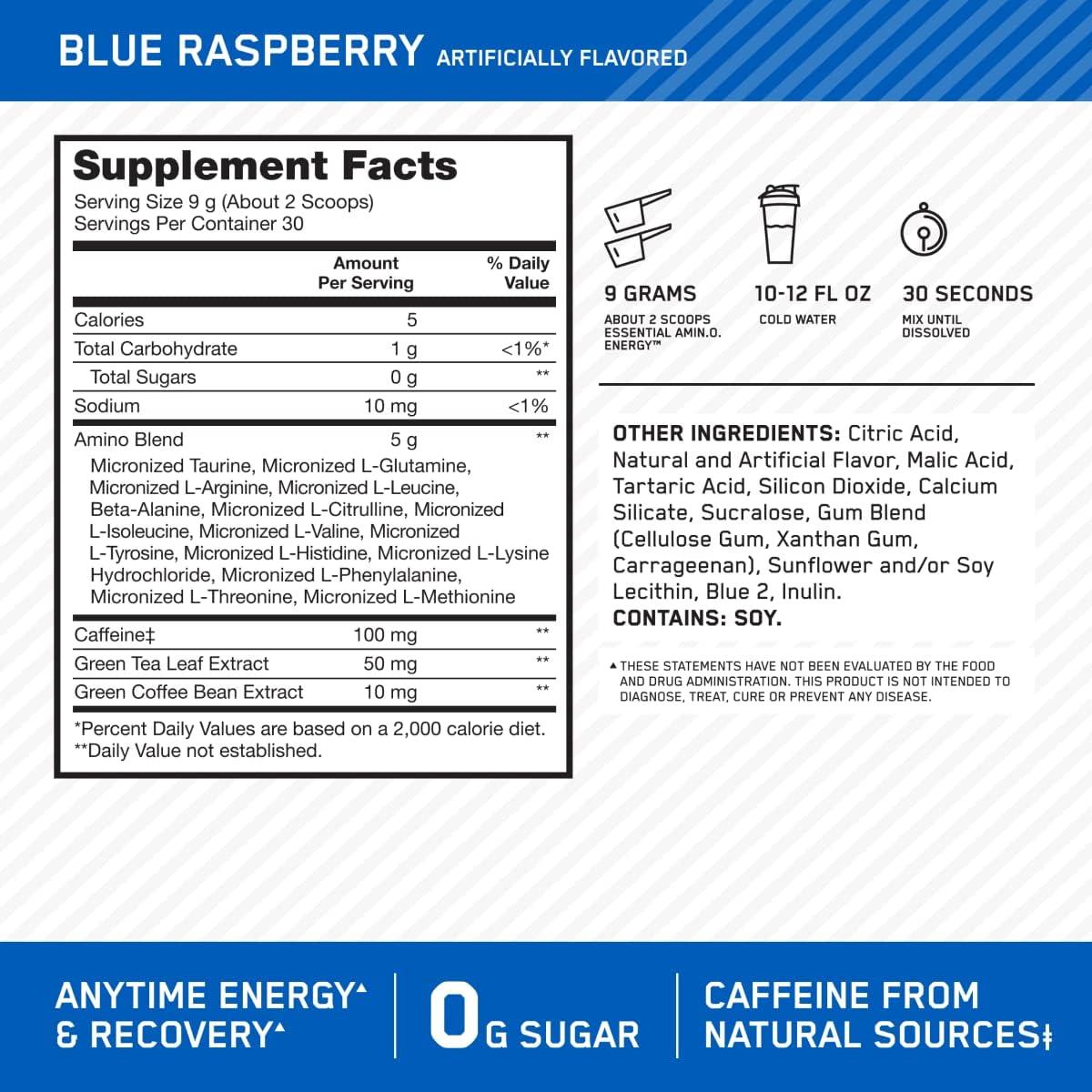 image:imageOptimum Nutrition Amino Energy Pre Workout with Green Tea BCAA Amino Acids Keto Friendly Green Coffee Extract Energy Powder Blue Raspberry 65 Servings Packaging May VaryBlue Raspberry