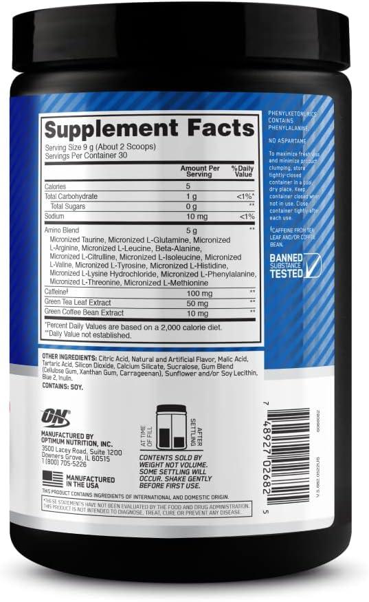 image:imageOptimum Nutrition Amino Energy Pre Workout with Green Tea BCAA Amino Acids Keto Friendly Green Coffee Extract Energy Powder Blue Raspberry 65 Servings Packaging May VaryBlue Raspberry