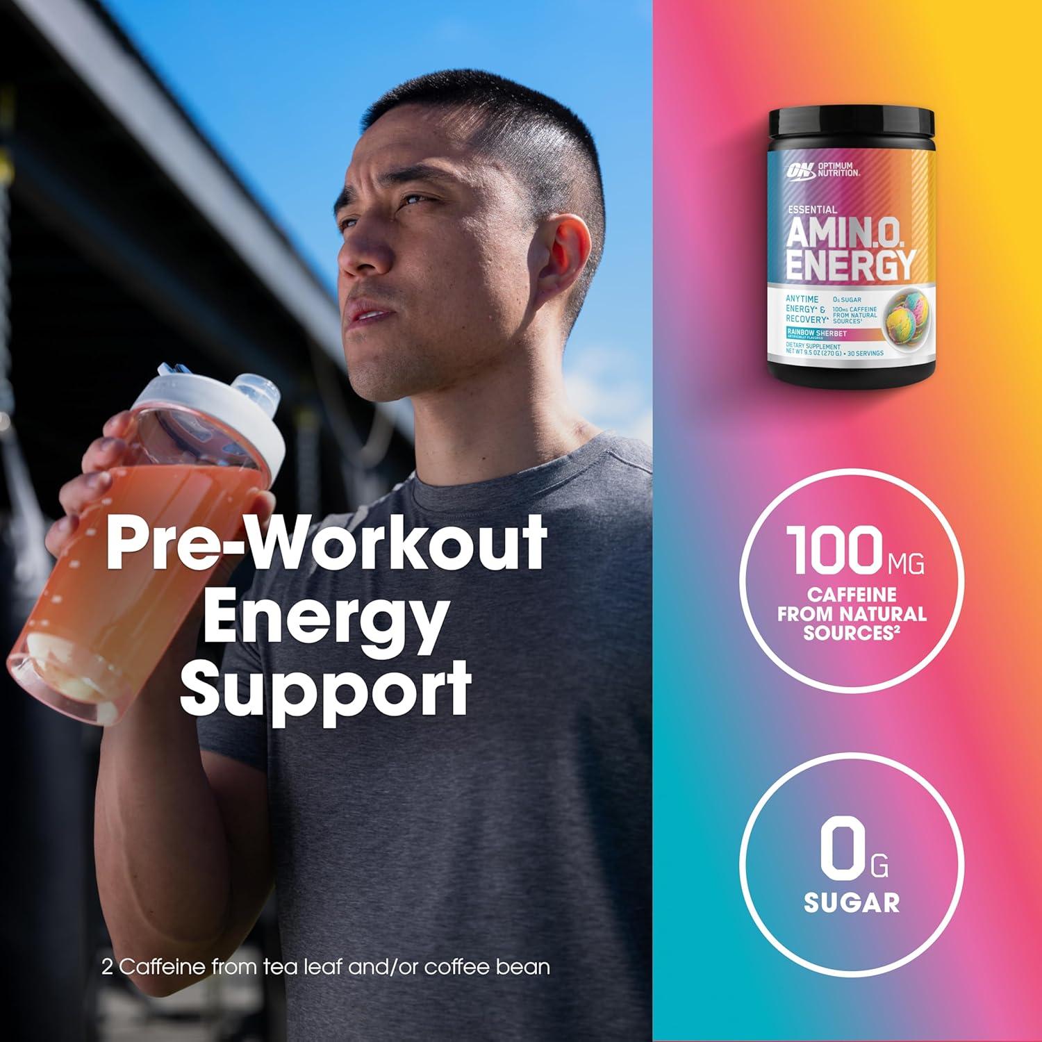 image:imageOptimum Nutrition Amino Energy Pre Workout with Green Tea BCAA Amino Acids Keto Friendly Green Coffee Extract Energy Powder Blue Raspberry 65 Servings Packaging May VaryRainbow Sherbet