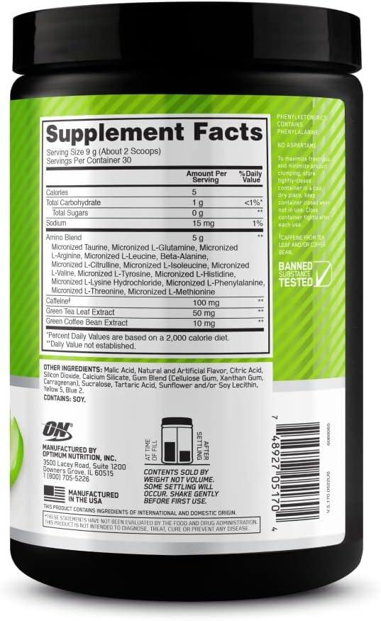 image:imageOptimum Nutrition Amino Energy Pre Workout with Green Tea BCAA Amino Acids Keto Friendly Green Coffee Extract Energy Powder Blue Raspberry 65 Servings Packaging May VaryGreen Apple