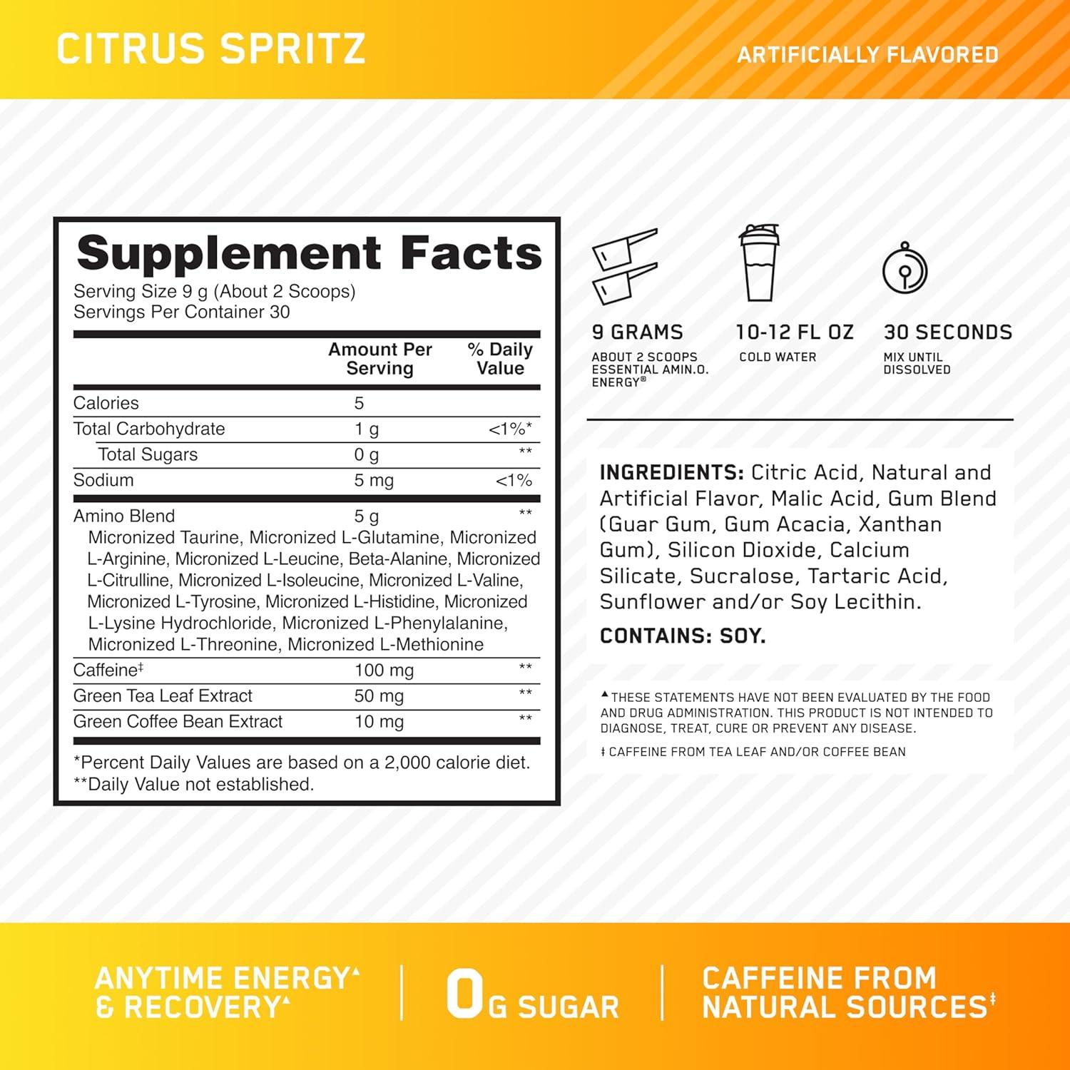 image:imageOptimum Nutrition Amino Energy Pre Workout with Green Tea BCAA Amino Acids Keto Friendly Green Coffee Extract Energy Powder Blue Raspberry 65 Servings Packaging May VaryCitrus Spritz