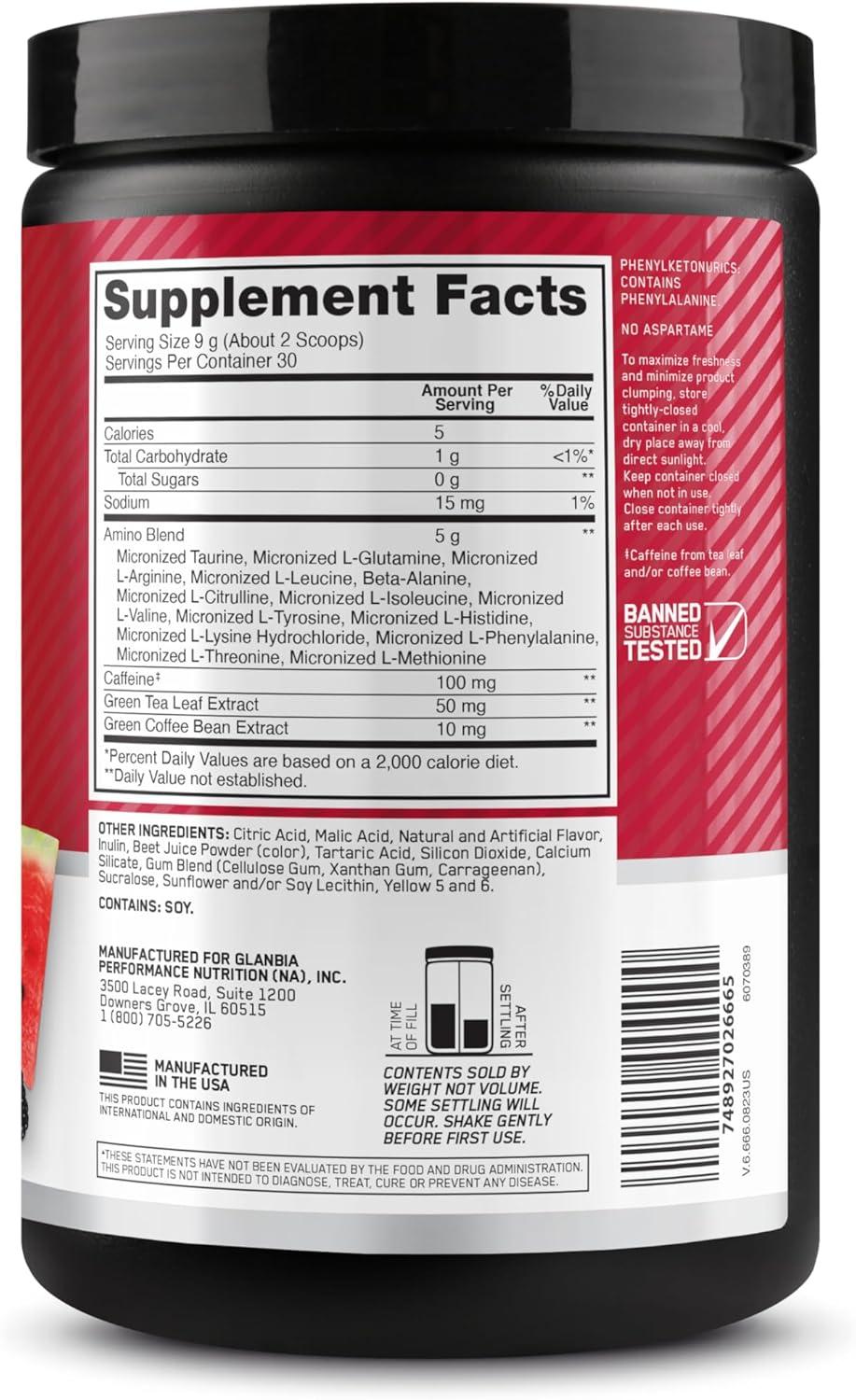image:imageOptimum Nutrition Amino Energy Pre Workout with Green Tea BCAA Amino Acids Keto Friendly Green Coffee Extract Energy Powder Blue Raspberry 65 Servings Packaging May VaryFruit Fusion