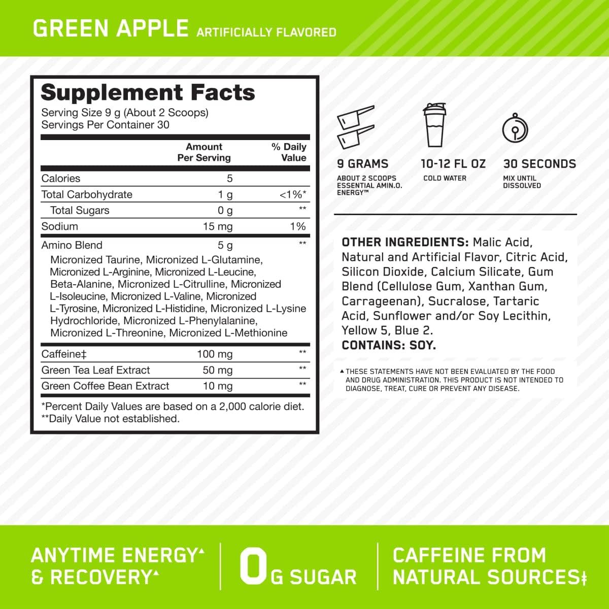 image:imageOptimum Nutrition Amino Energy Pre Workout with Green Tea BCAA Amino Acids Keto Friendly Green Coffee Extract Energy Powder Blue Raspberry 65 Servings Packaging May VaryGreen Apple