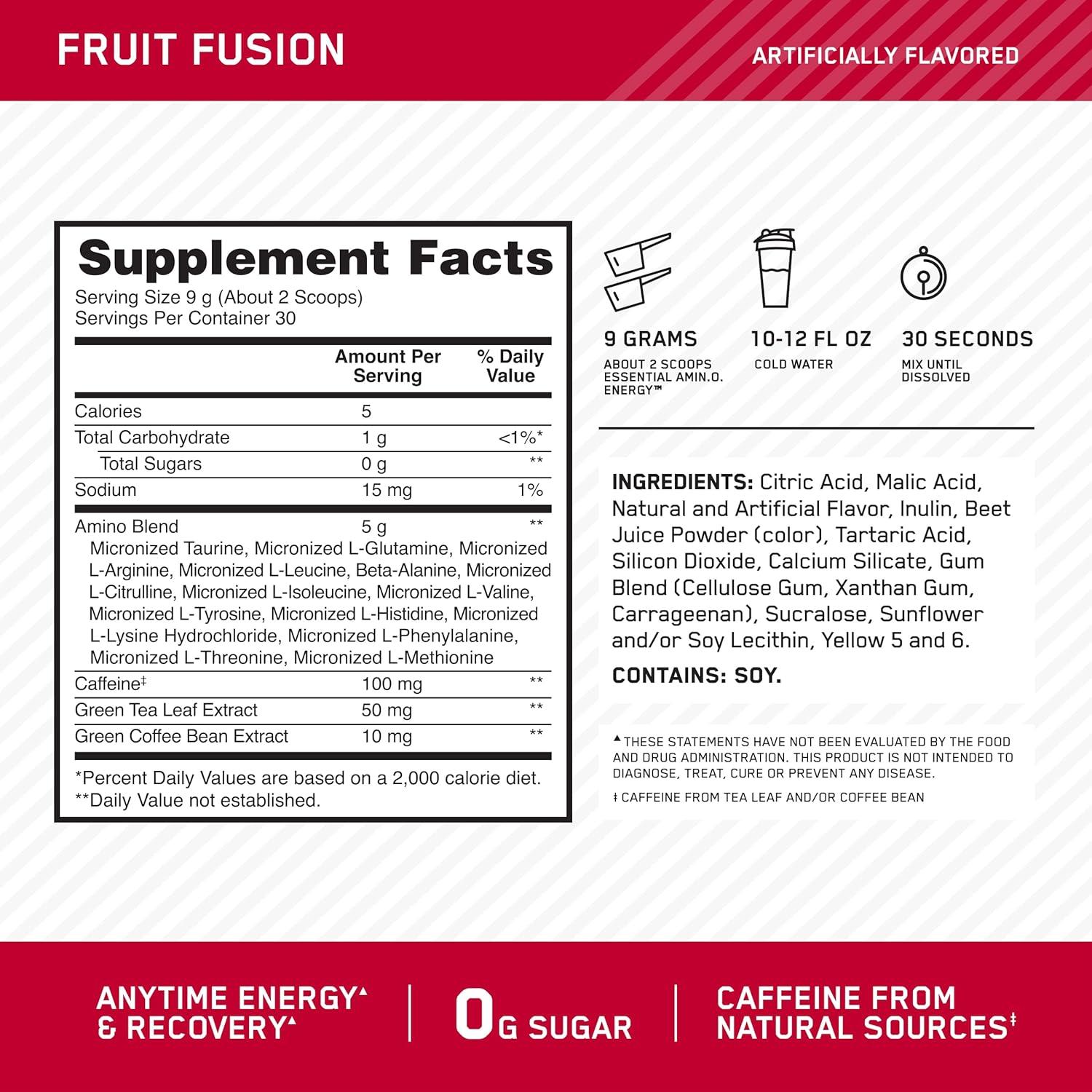 image:imageOptimum Nutrition Amino Energy Pre Workout with Green Tea BCAA Amino Acids Keto Friendly Green Coffee Extract Energy Powder Blue Raspberry 65 Servings Packaging May VaryFruit Fusion