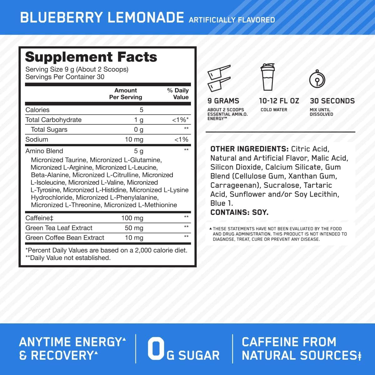 image:imageOptimum Nutrition Amino Energy Pre Workout with Green Tea BCAA Amino Acids Keto Friendly Green Coffee Extract Energy Powder Blue Raspberry 65 Servings Packaging May VaryBlueberry Lemonade