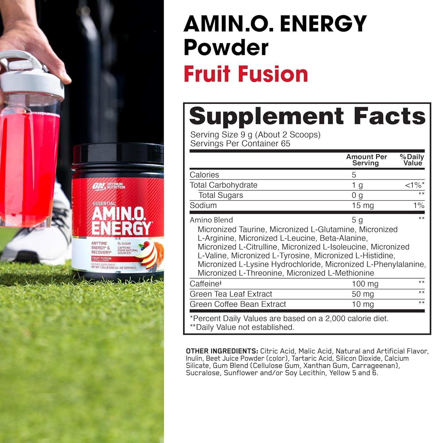 image:imageOptimum Nutrition Amino Energy Pre Workout with Green Tea BCAA Amino Acids Keto Friendly Green Coffee Extract Energy Powder Blue Raspberry 65 Servings Packaging May VaryFruit Fusion
