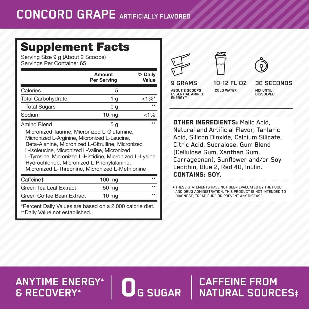 image:imageOptimum Nutrition Amino Energy Pre Workout with Green Tea BCAA Amino Acids Keto Friendly Green Coffee Extract Energy Powder Blue Raspberry 65 Servings Packaging May VaryGrape