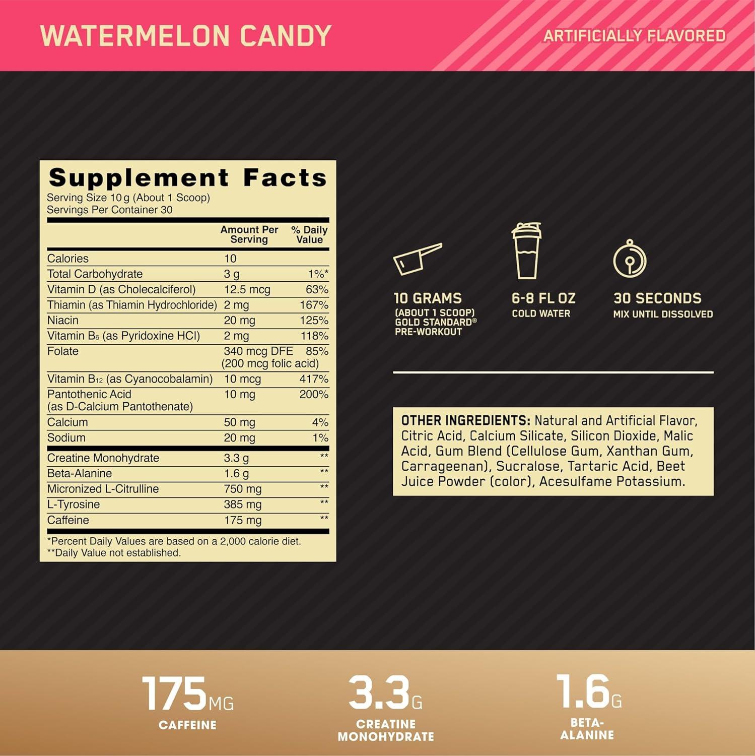 image:imageOptimum Nutrition Gold Standard PreWorkout Vitamin D for Immune Support with Creatine BetaAlanine and Caffeine for Energy Keto Friendly Blueberry Lemonade 30 Servings Packaging May VaryWatermelon