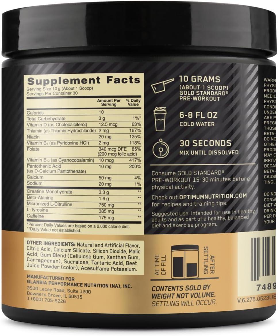 image:imageOptimum Nutrition Gold Standard PreWorkout Vitamin D for Immune Support with Creatine BetaAlanine and Caffeine for Energy Keto Friendly Blueberry Lemonade 30 Servings Packaging May VaryWatermelon Candy