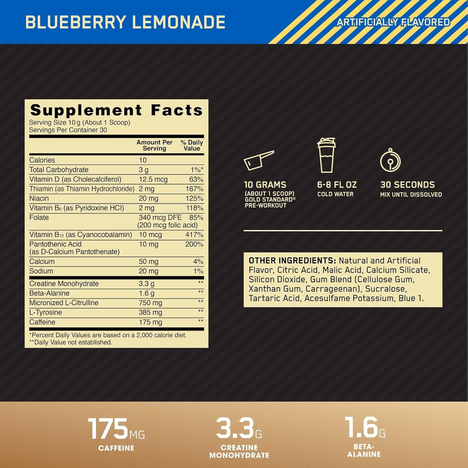 image:imageOptimum Nutrition Gold Standard PreWorkout Vitamin D for Immune Support with Creatine BetaAlanine and Caffeine for Energy Keto Friendly Blueberry Lemonade 30 Servings Packaging May VaryBlueberry Lemonade