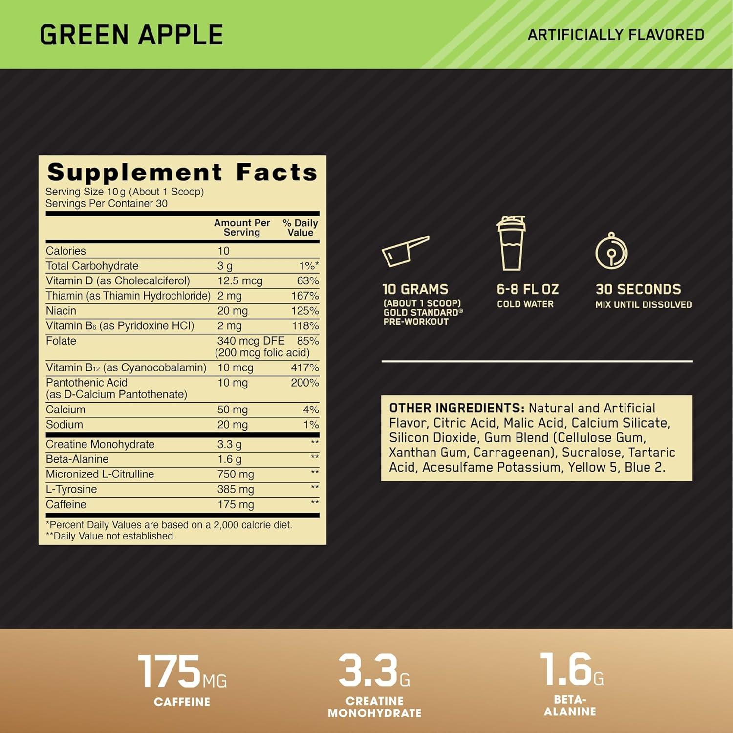 image:imageOptimum Nutrition Gold Standard PreWorkout Vitamin D for Immune Support with Creatine BetaAlanine and Caffeine for Energy Keto Friendly Blueberry Lemonade 30 Servings Packaging May VaryGreen Apple